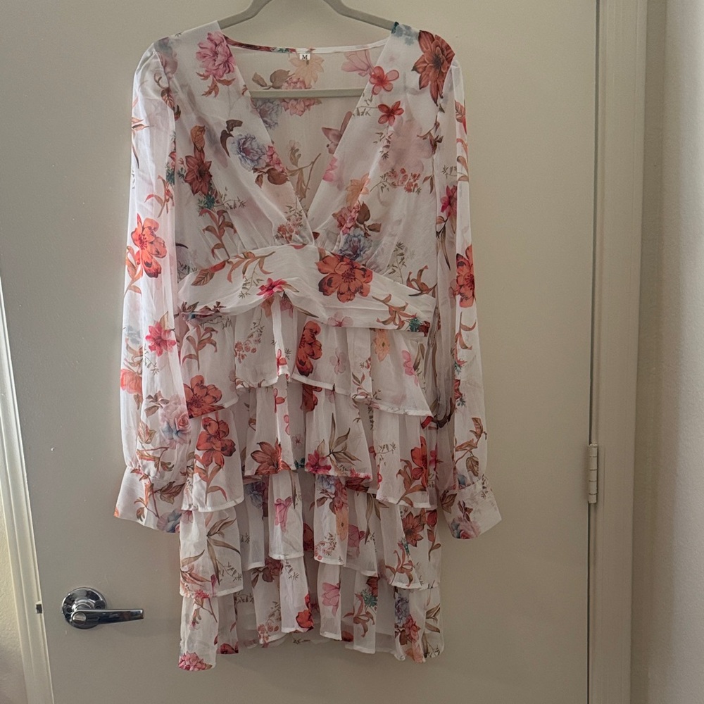 SHEIN Floral Long Sleeve Dress - White and Red